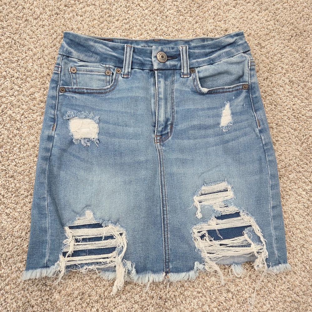 American Eagle Curvy Mini Skirt Blue Hi Rise Next Level Stretch Distressed - 0